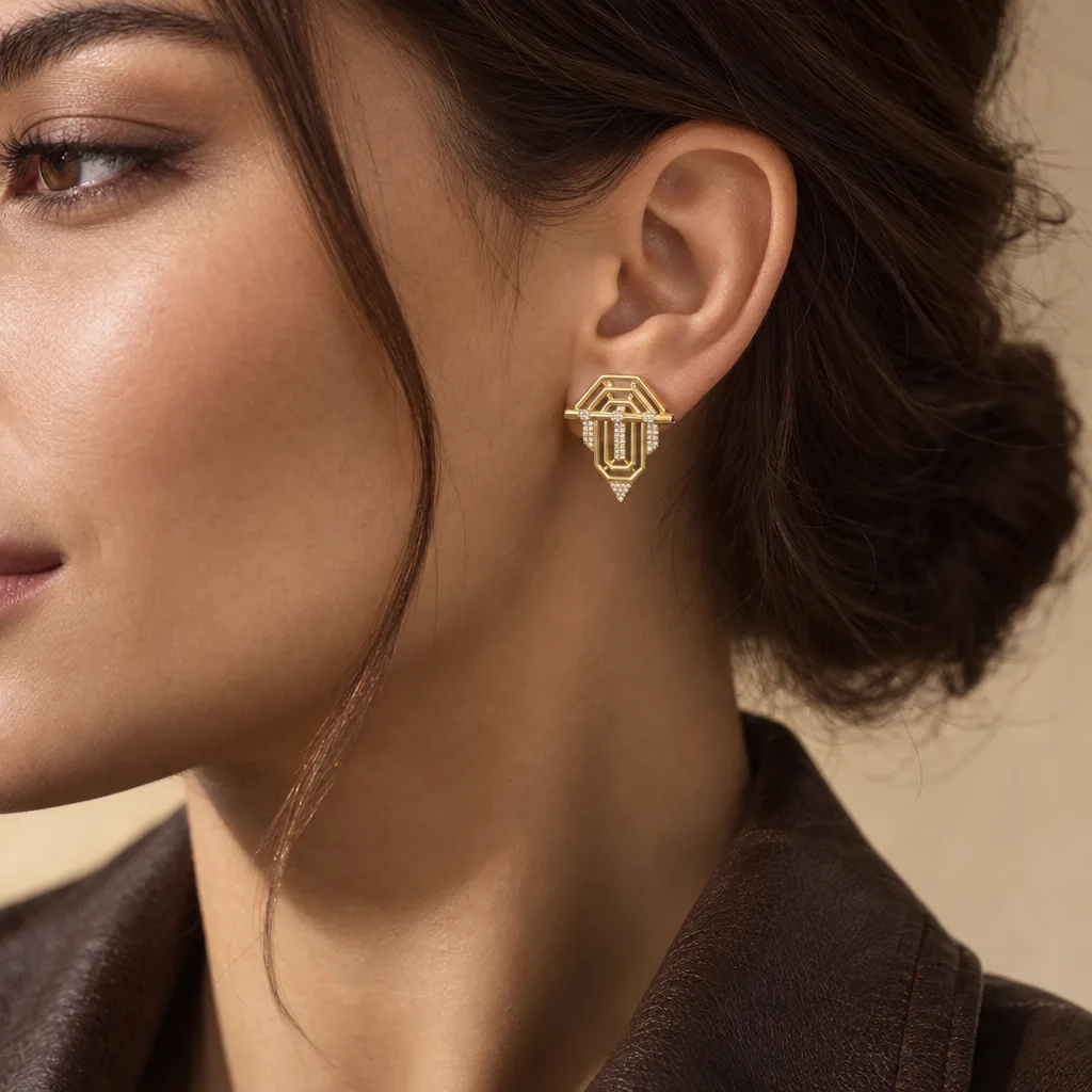 Geometrik Taş Detaylı 585 Ayar Altın Küpe
