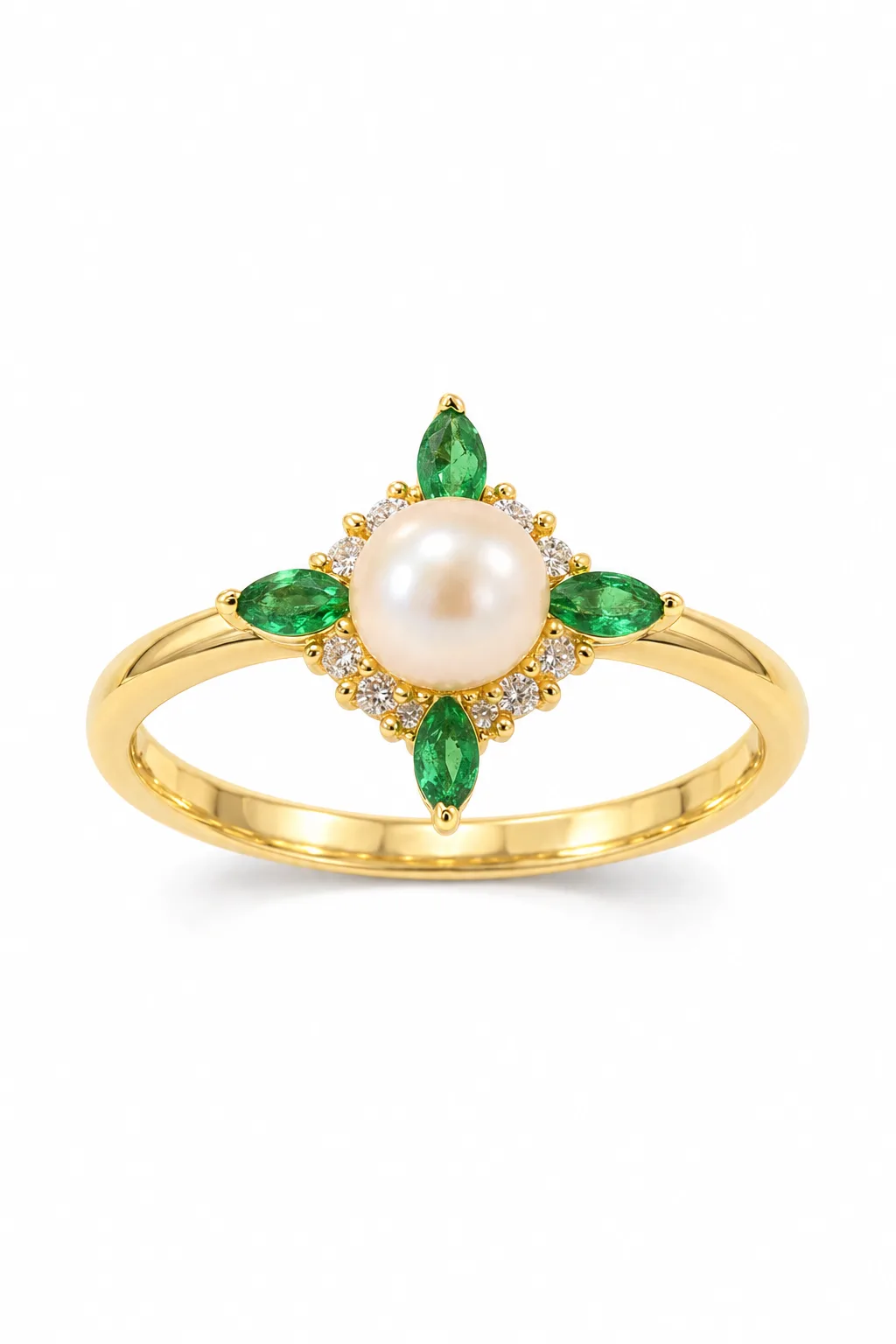 585 Ayar Yeşil Detaylı Çiçek Yüzük